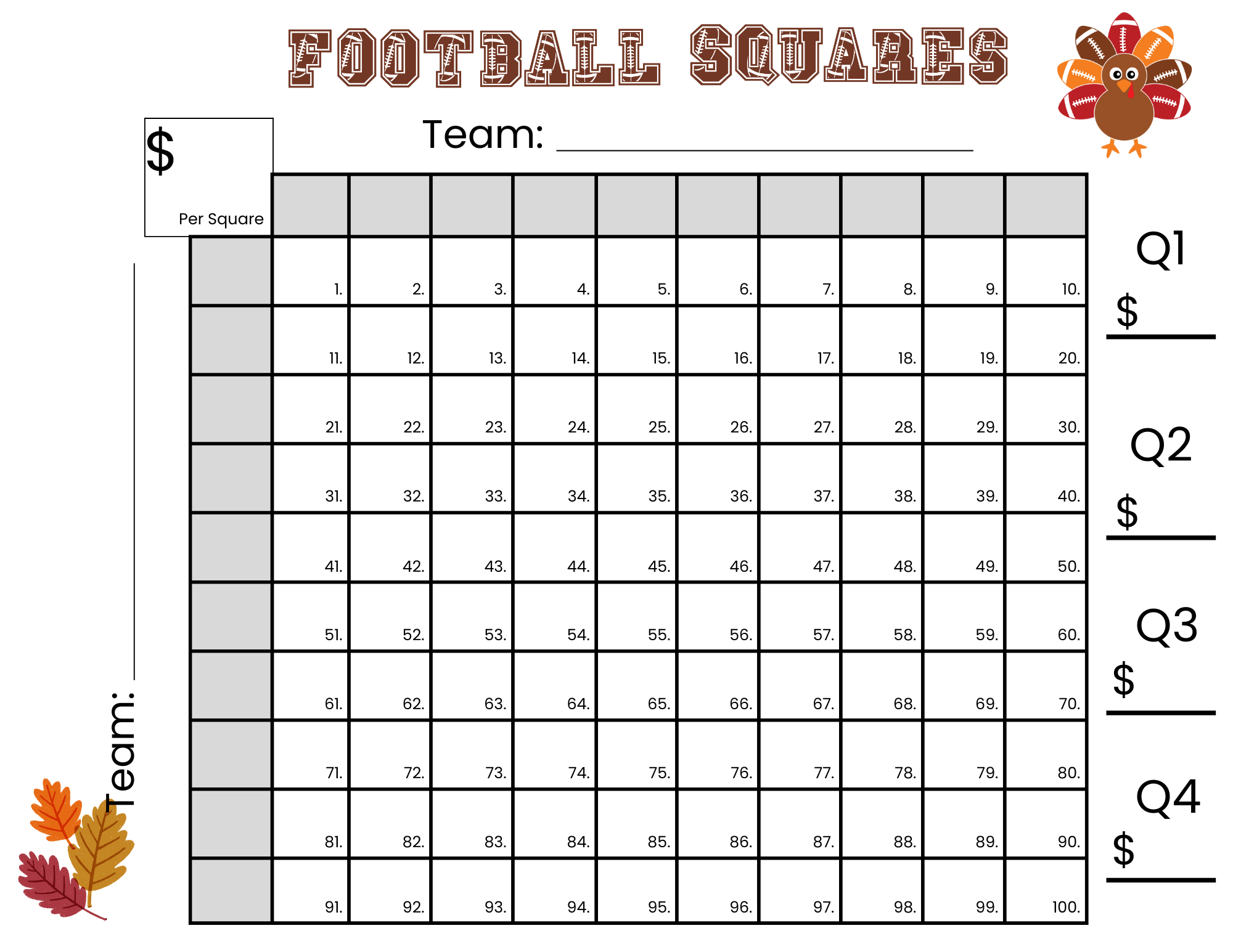 100 Thanksgiving Football Squares Game Printable throughout Free Printable Football Squares 100