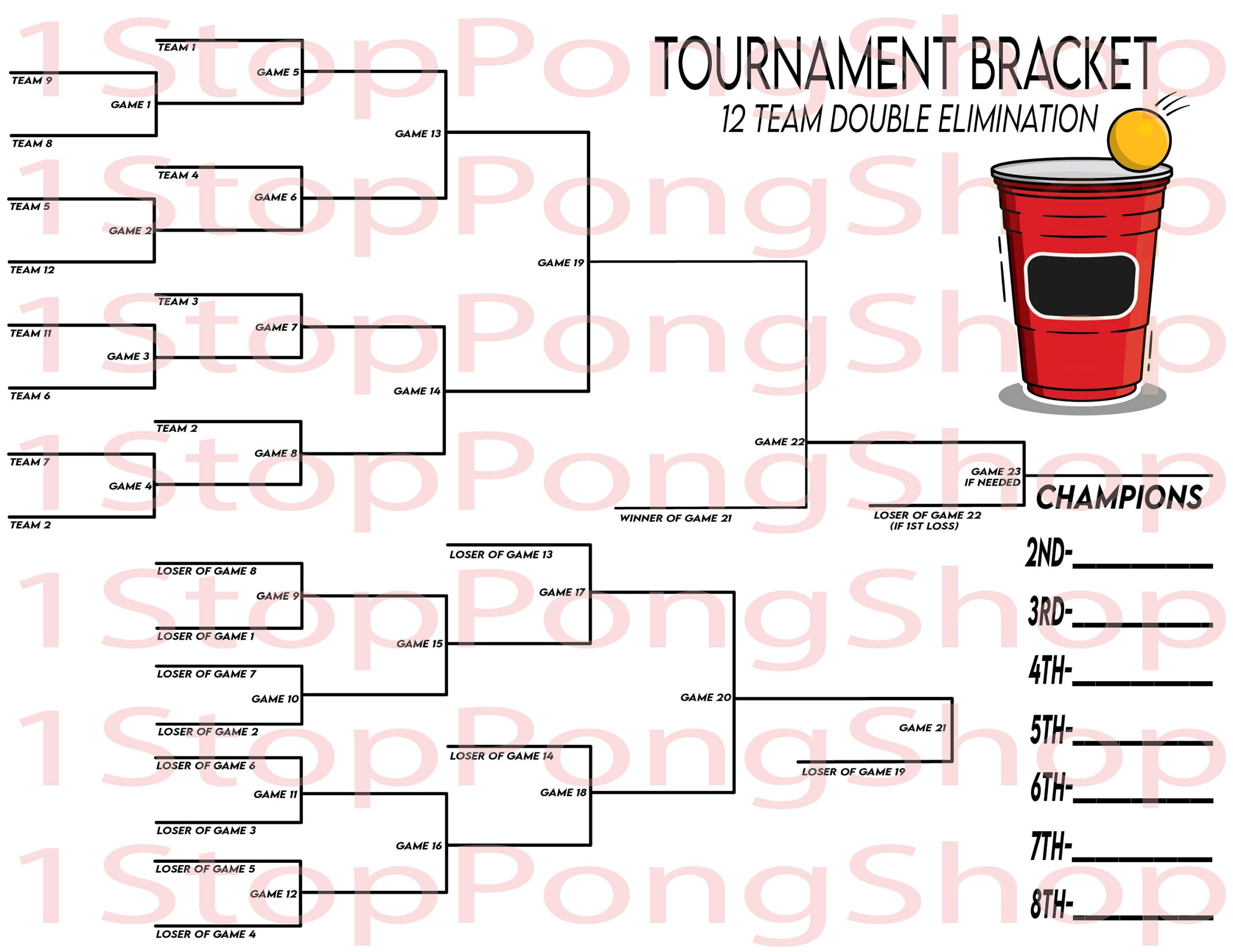 12 Team Double Elimination Beer Pong Tournament Bracket, Instant Digital Download, Printable, Bracket Poster, Customizable, College, Svg Png with regard to 12 Team Double Elimination Bracket Printable