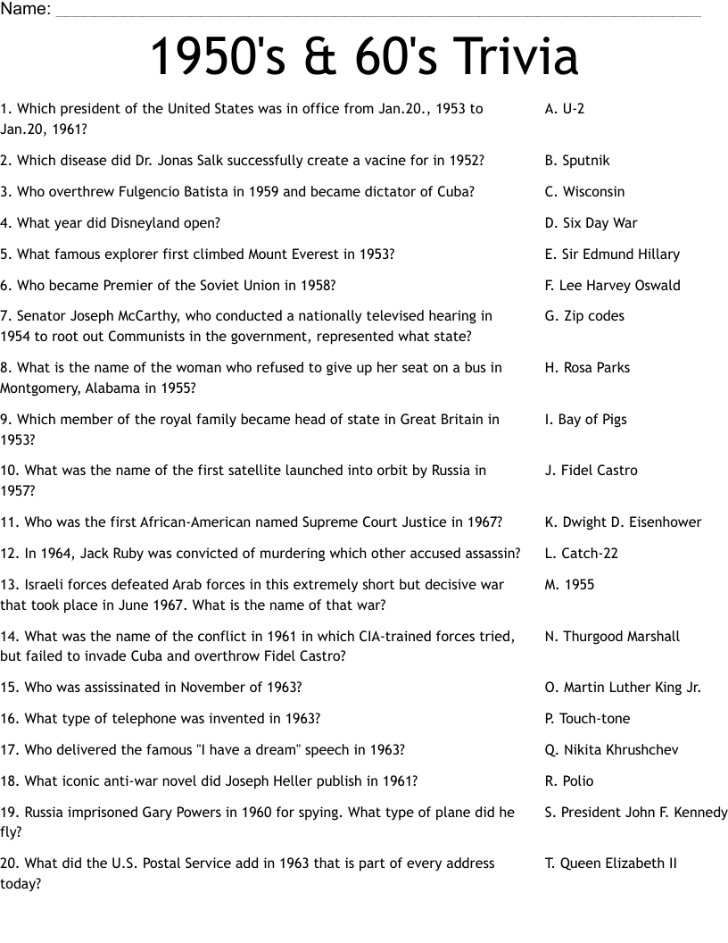 1950'S & 60'S Trivia Worksheet - Wordmint intended for 50s and 60s Trivia Questions and Answers Printable