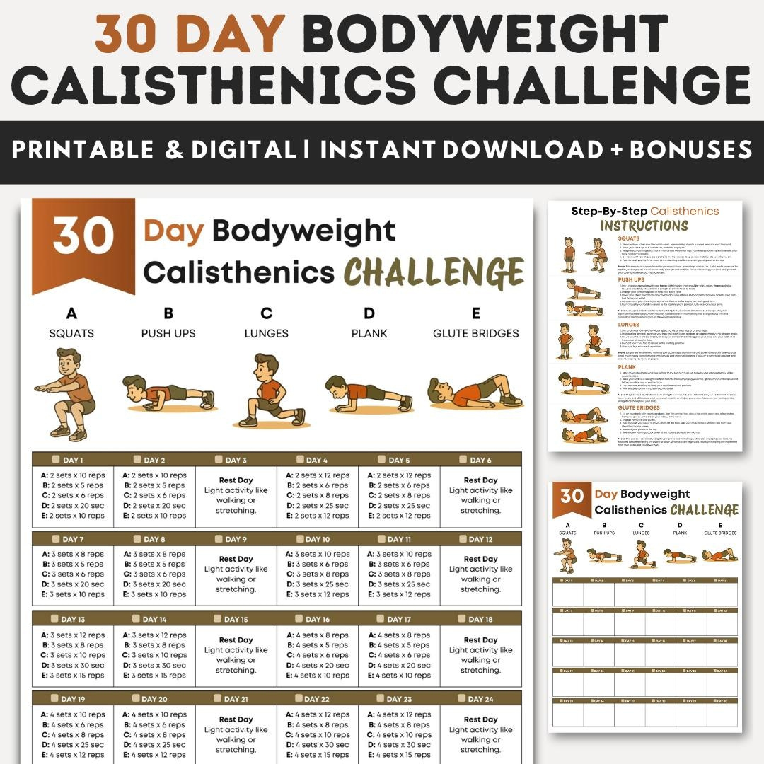 30 Day Calisthenics Challenge Workout Chart, Bodyweight At Home with regard to Printable Bodyweight Calisthenics Workout Plan Free Download