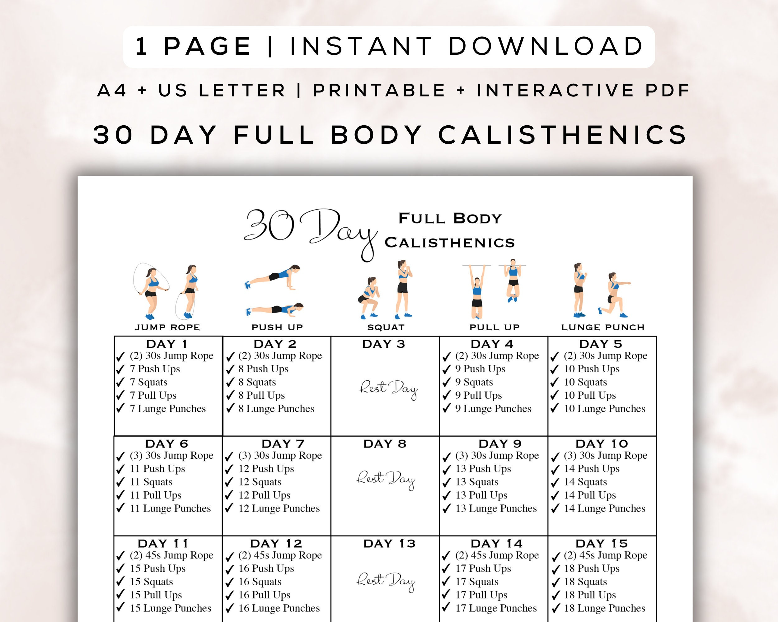 30 Day Full Body Calisthenics Workout Plan Printable + Interactive within Printable Bodyweight Calisthenics Workout Plan Free Download