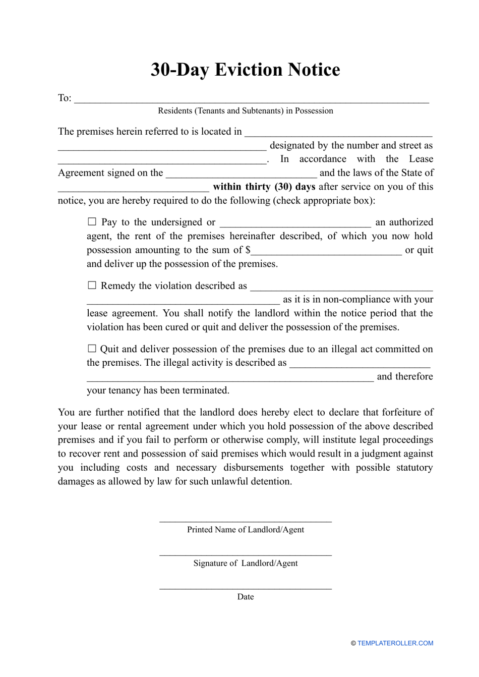 30-Day Notice Template - Fill Out, Sign Online And Download Pdf inside Printable 30 Day Notice to Landlord Template