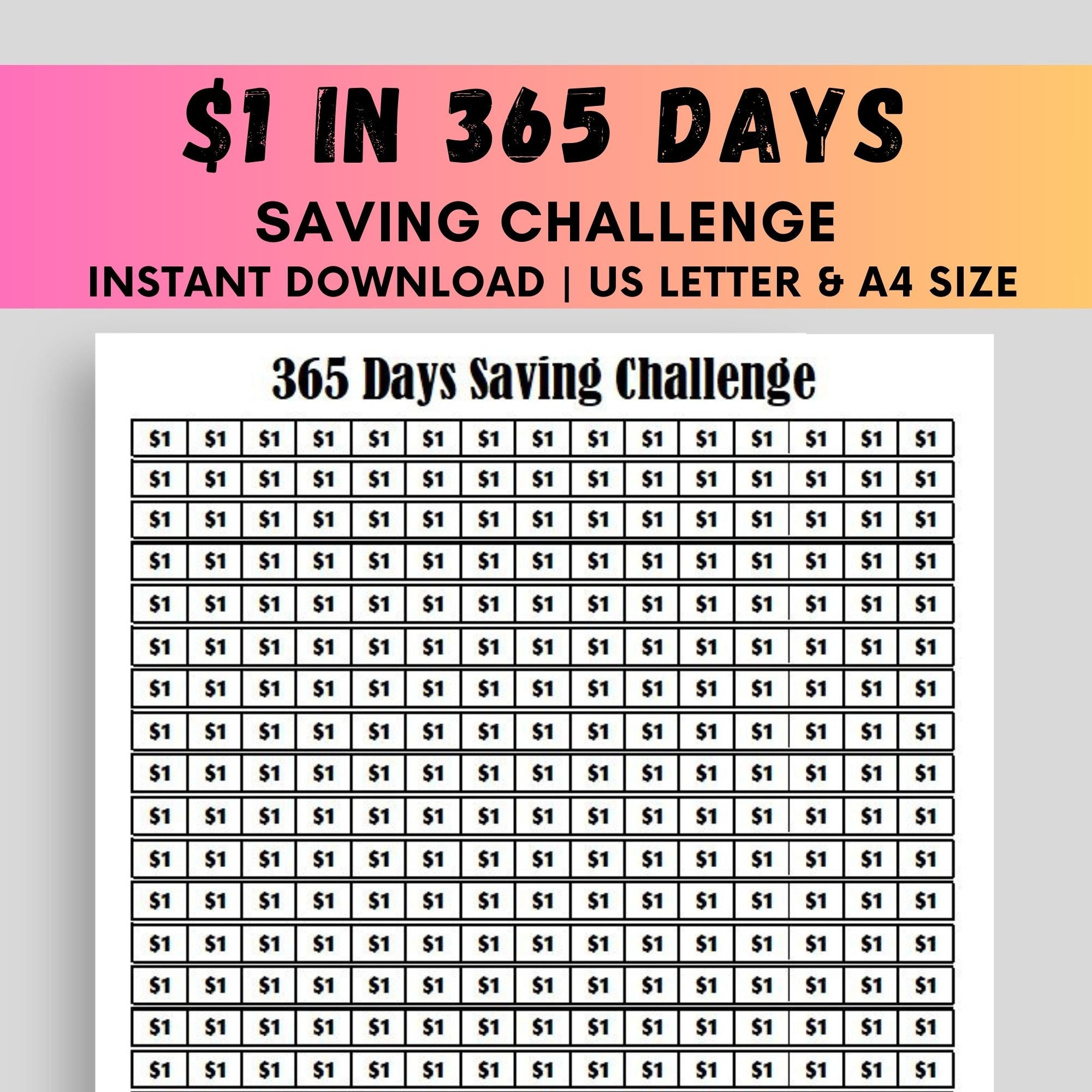 365 Tage Spar-Challenge, Druckbarer Spar-Tracker, 1 Dollar within 365 Day Saving Money Challenge Printable