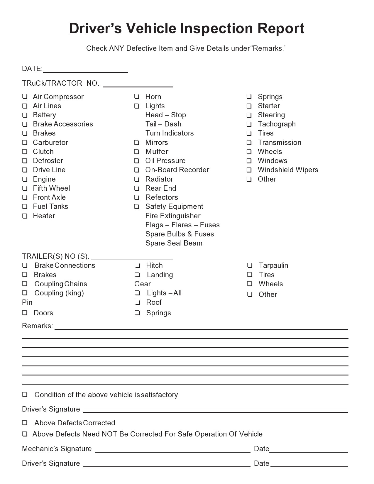 39 Best Vehicle Inspection Forms (Lyft, Uber, Etc.) ᐅ Templatelab in Free Printable Driver Vehicle Inspection Report Form