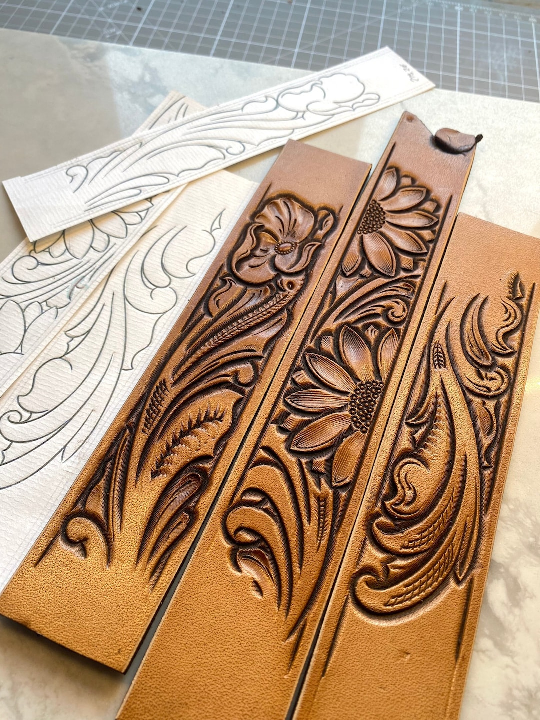 3X Leather Belt Tooling Patterns / Sunflower Leather Carving regarding Free Printable Leather Belt Tooling Patterns