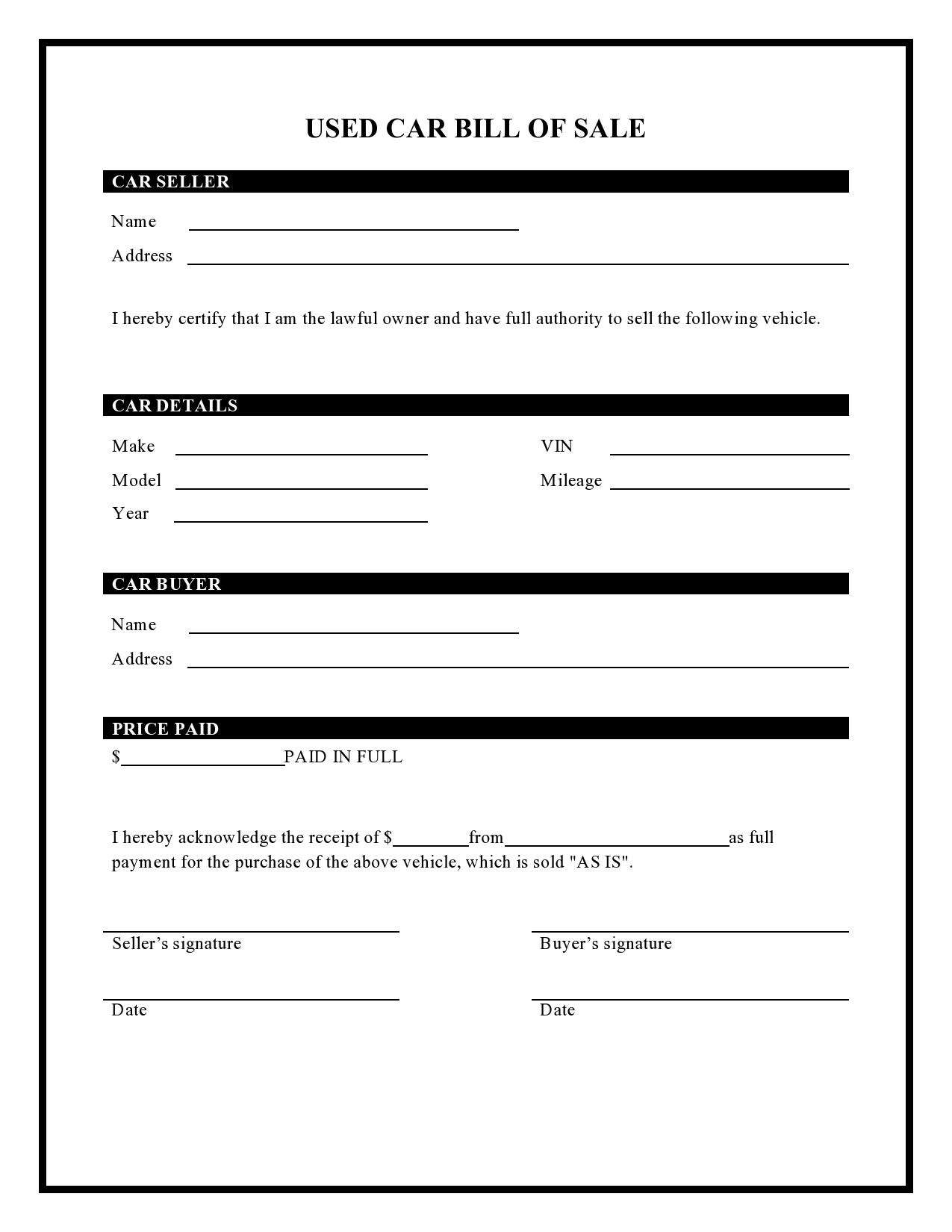 40 Printable Bill Of Sale For A Car Samples [Word, Pdf] regarding Used Car Bill of Sale Printable