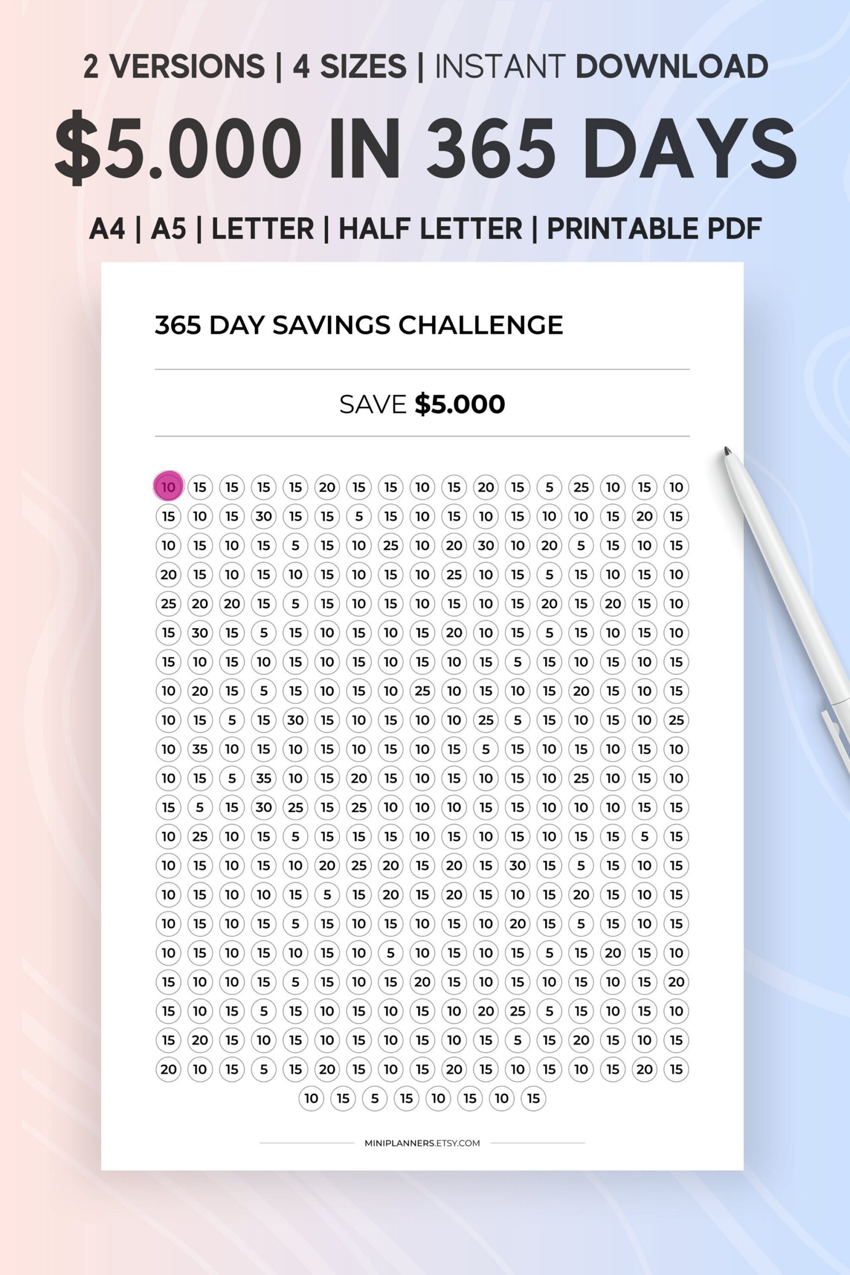 5000 Spar-Challenge, 5,000 Dollar In 365 Tagen, Jährliches with regard to 365 Day Saving Money Challenge Printable