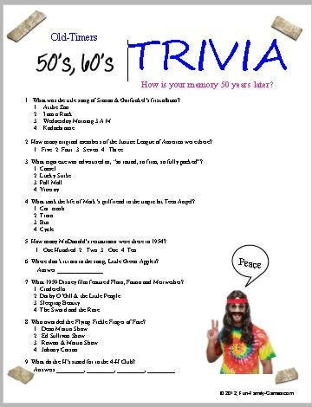 50'S - 60'S Trivia, - Etsy with regard to 50S And 60S Trivia Questions And Answers Printable