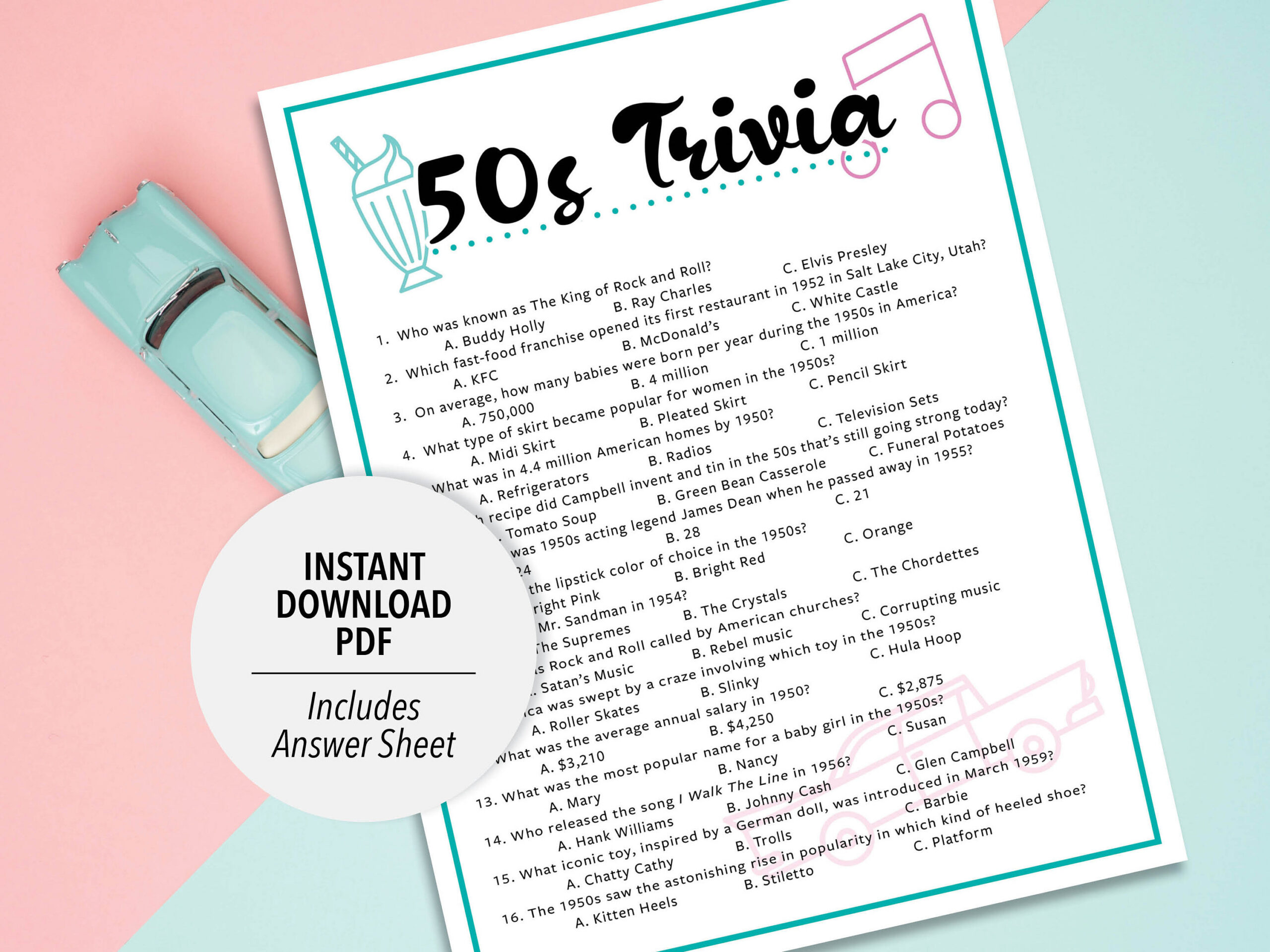 50S Trivia | 1950S Trivia Game | Printable 50S Trivia | 50'S Party within 50s and 60s Trivia Questions and Answers Printable