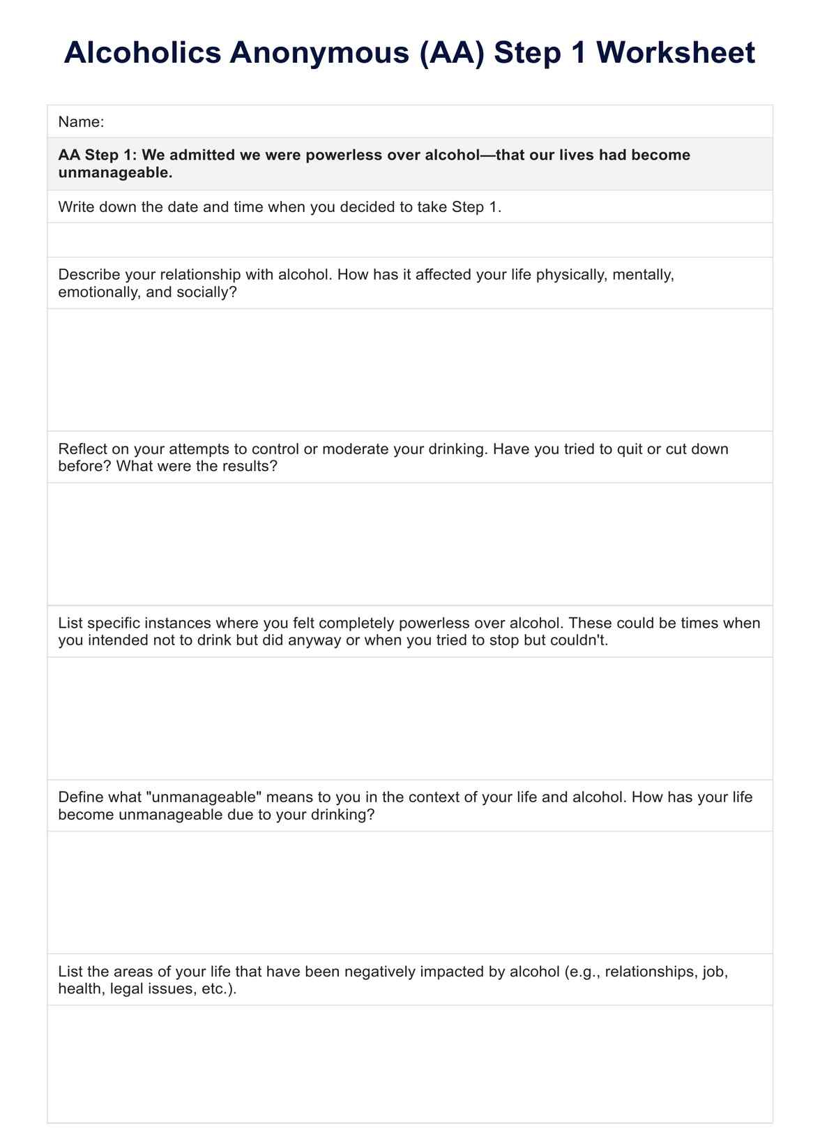 Aa Step 1 Worksheets within Free Printable Aa 12 Step Worksheets