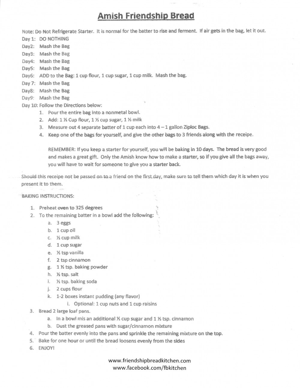 Amish Friendship Bread Instructions inside Amish Friendship Bread Printable Recipe