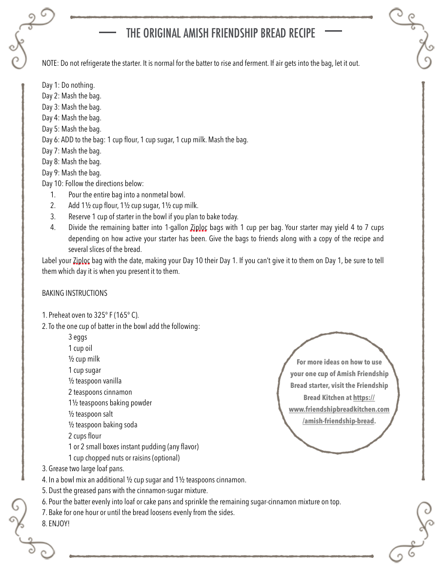 Amish Friendship Bread within Amish Friendship Bread Printable Recipe