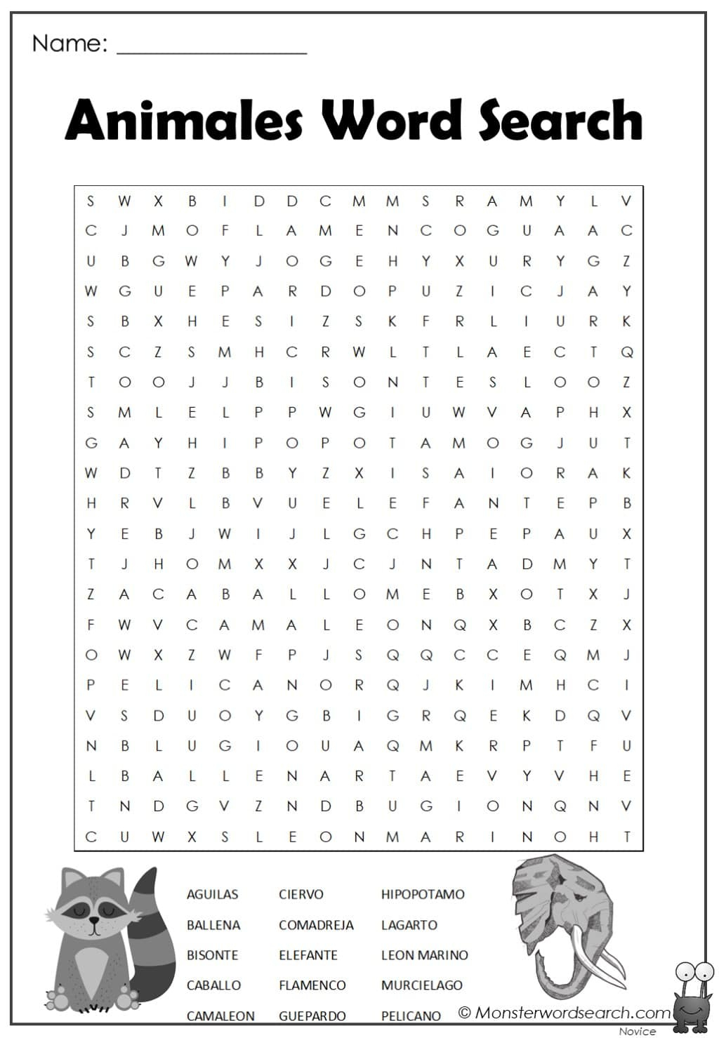 Animales Word Search - Monster Word Search throughout Spanish Word Search Free Printable
