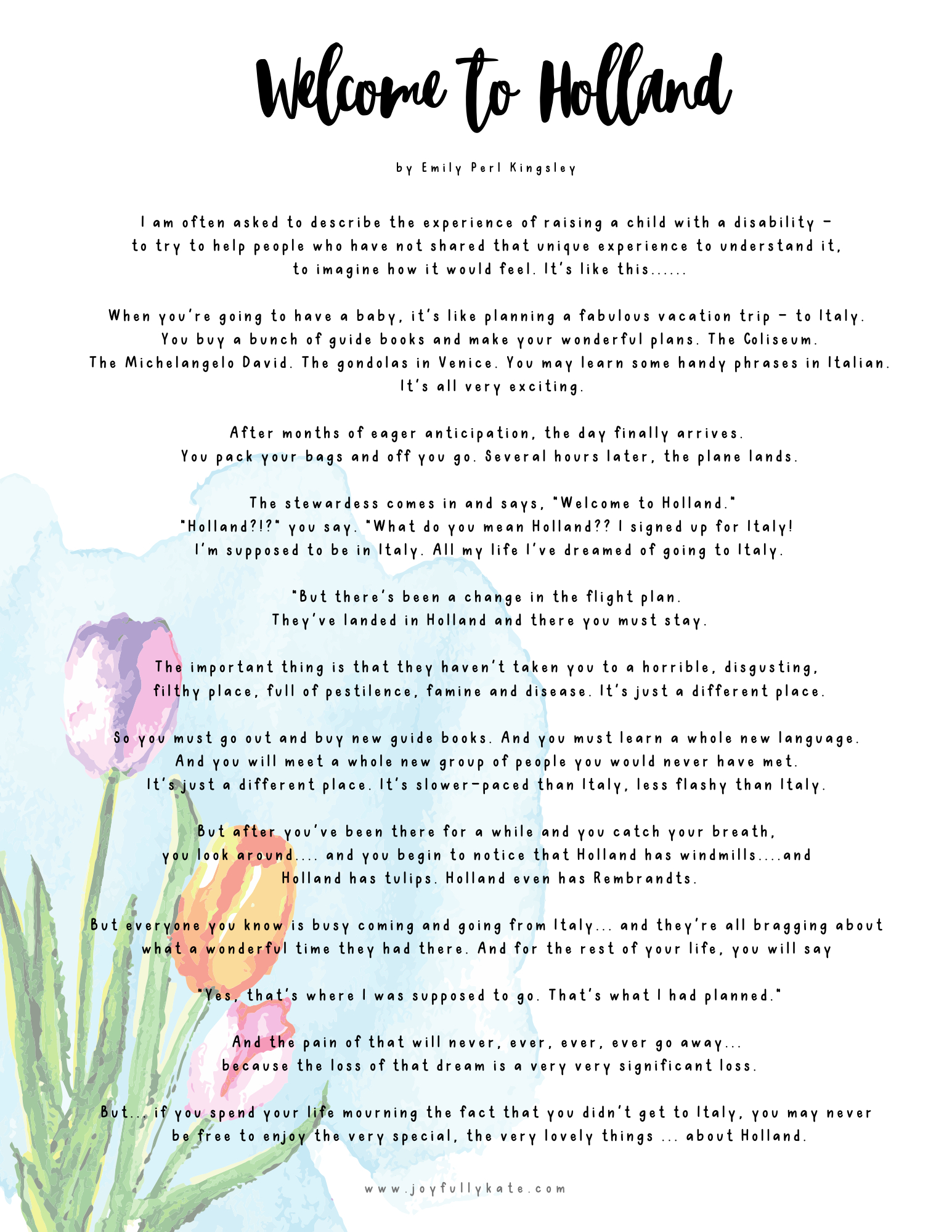 Becoming A Special Needs Parent, Welcome To Holland — Joyful Wild pertaining to Welcome To Holland Poem Printable