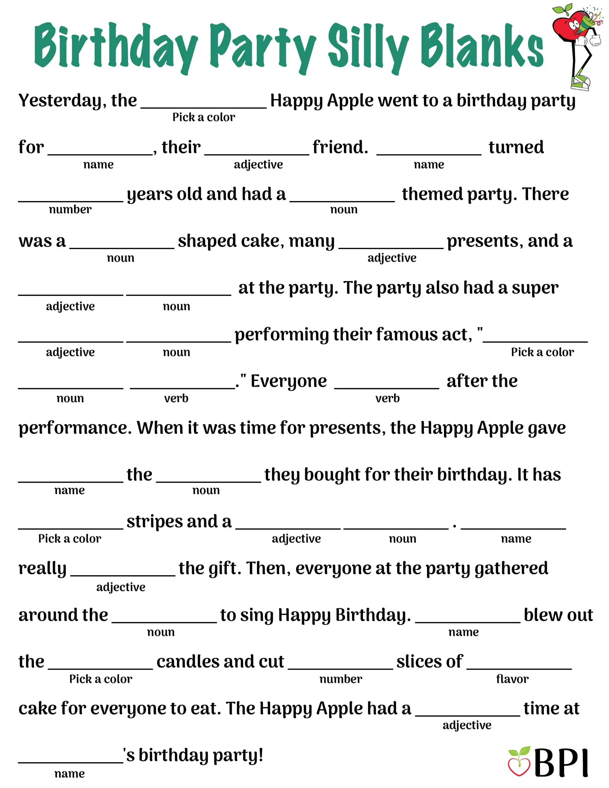 Birthday Party Silly Blanks regarding Birthday Mad Libs Printable Free