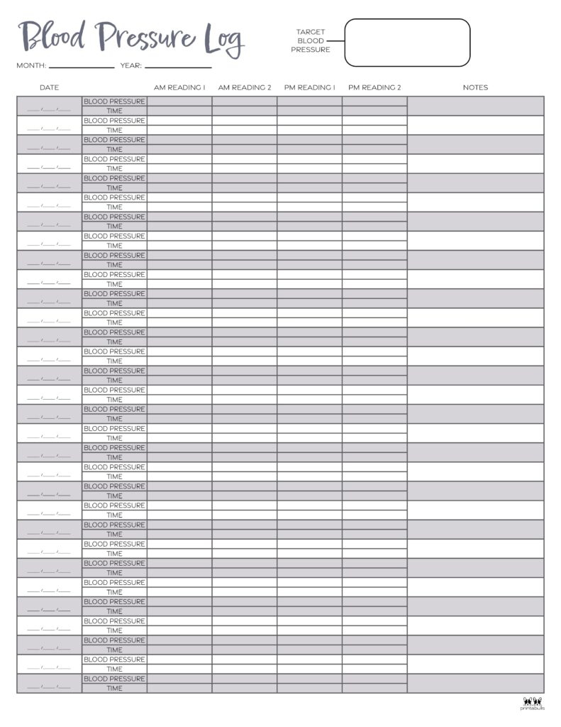 Blood Pressure Logs - 25 Free Printables | Printabulls for Free Printable Blood Pressure And Weight Log
