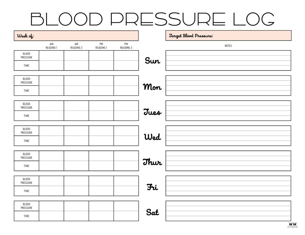 Blood Pressure Logs - 25 Free Printables | Printabulls throughout Free Printable Blood Pressure and Weight Log