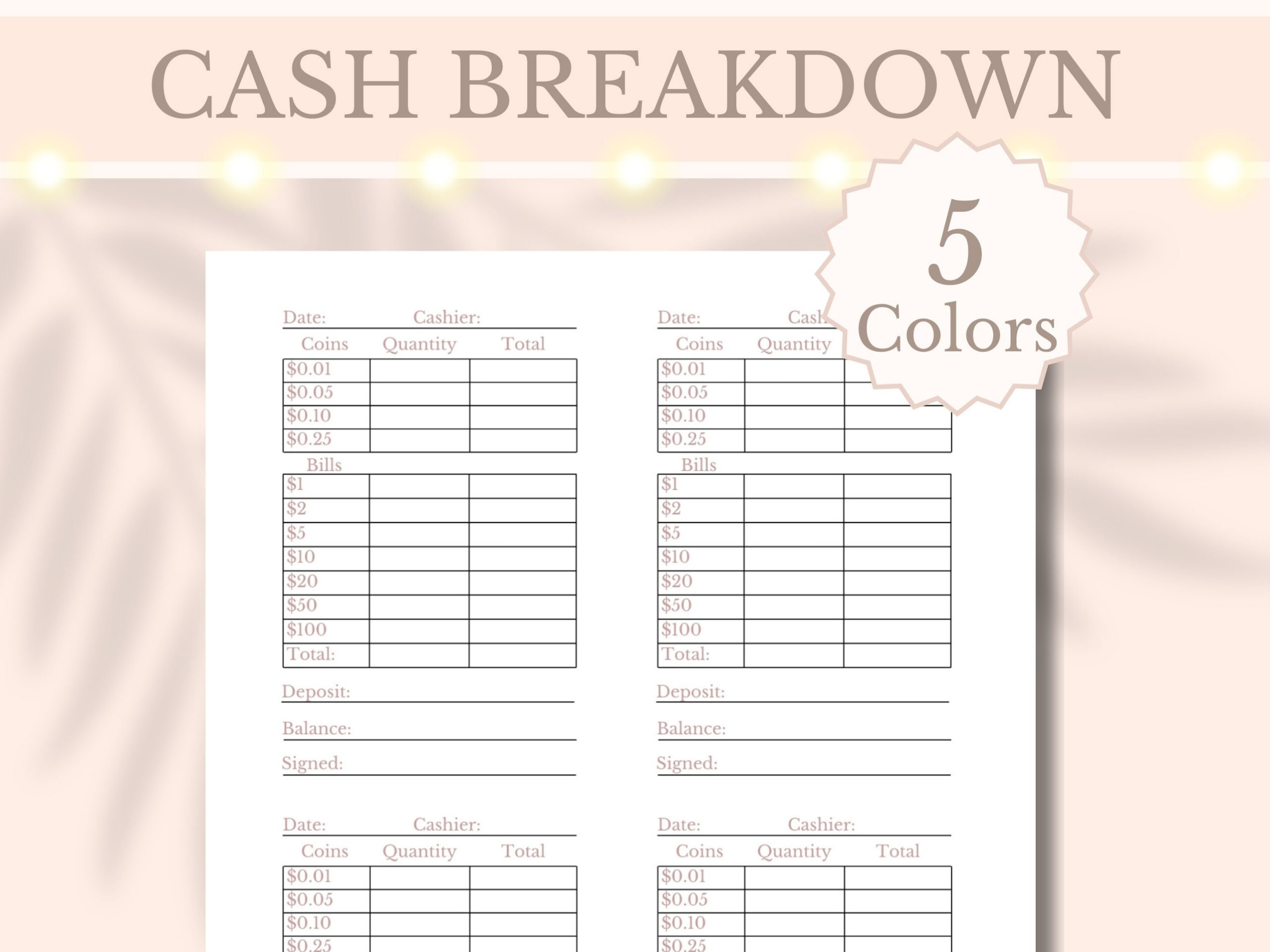 Cash Breakdown Printable Drawer Count Sheet Small Business Planner with Printable Daily Cash Drawer Count Sheet