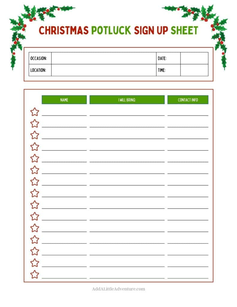 Christmas Potluck Sign-Up Sheets (Free Printables) in Christmas Potluck Sign Up Sheet Free Printable