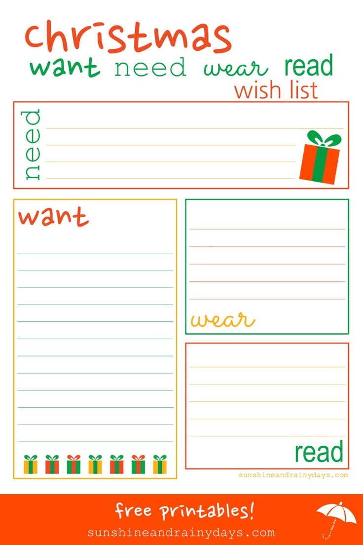 Christmas Want, Need, Wear, Read Shopping And Wish List in Want Need Wear Read Printable