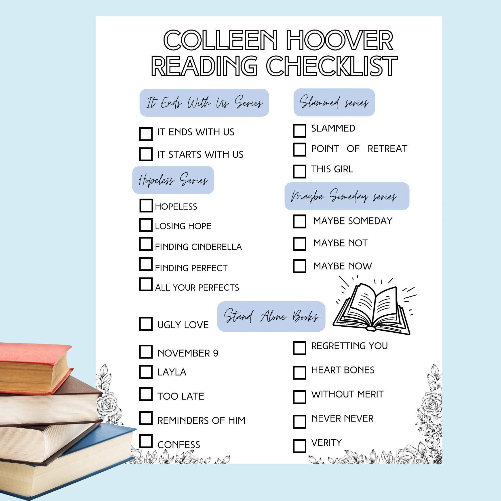 Colleen Hoover Blaue Gemütliche Lesesitzung Buch Checkliste, Coho with Colleen Hoover Books In Order Printable List