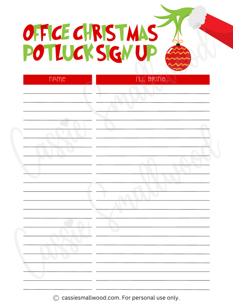 Cute Christmas Potluck Sign Up Sheets - Cassie Smallwood with regard to Christmas Potluck Sign Up Sheet Free Printable