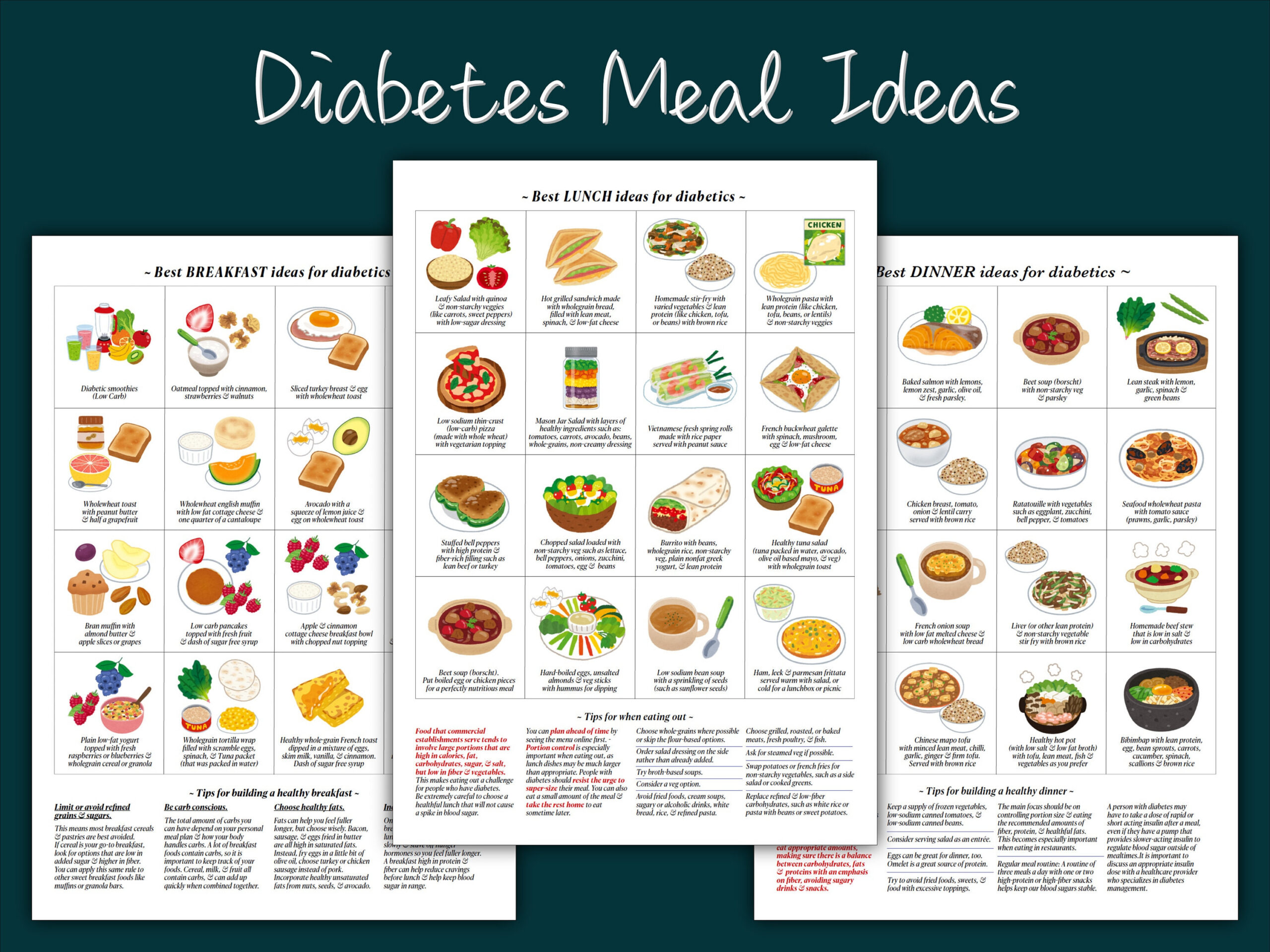 Diabetes Meal Ideas For Breakfast, Lunch & Dinner (3 Page Pdf in Type 2 Diabetes Diet Plan Printable
