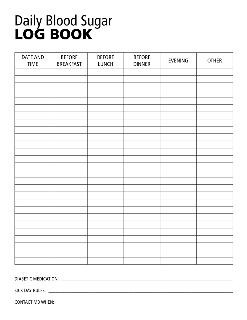 Diabetic Logbook in Free Printable Diabetic Log Sheets