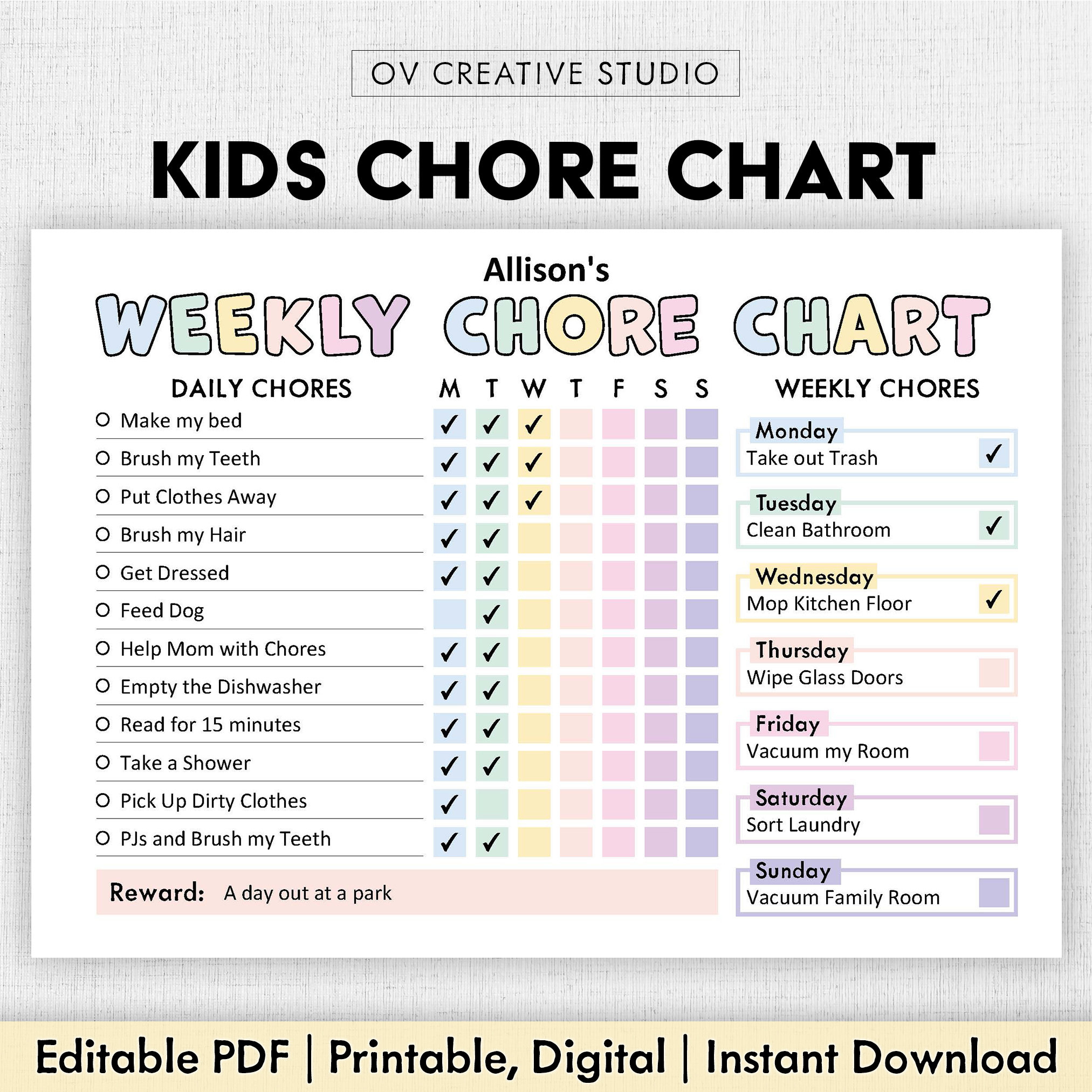 Editable Chore Chart For Kids | Printable | Kids Daily Weekly with Chore List For Kids Printable