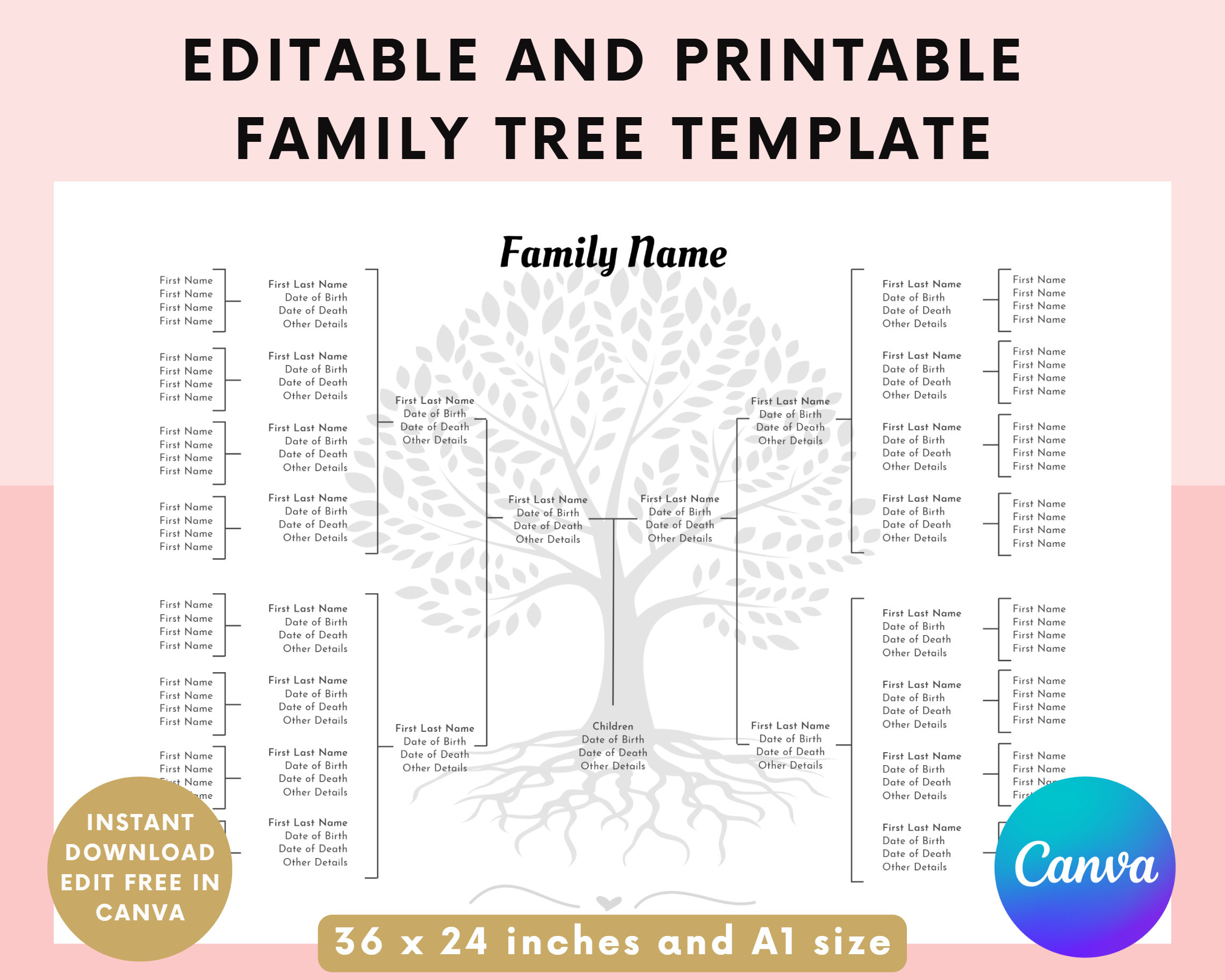 Editable Family Tree Template - Family Tree Chart Printable - 5 intended for Free Family Tree Templates Printable