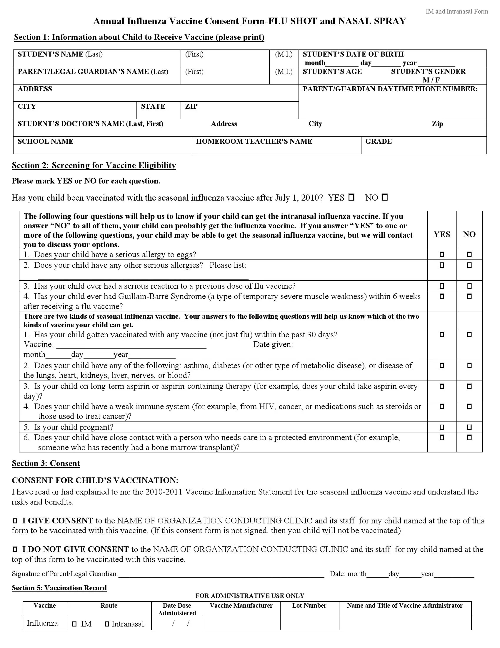 Flu Shot (Vaccine) And Nasal Spray Parental Consent Form within Free Printable Flu Vaccine Consent Form