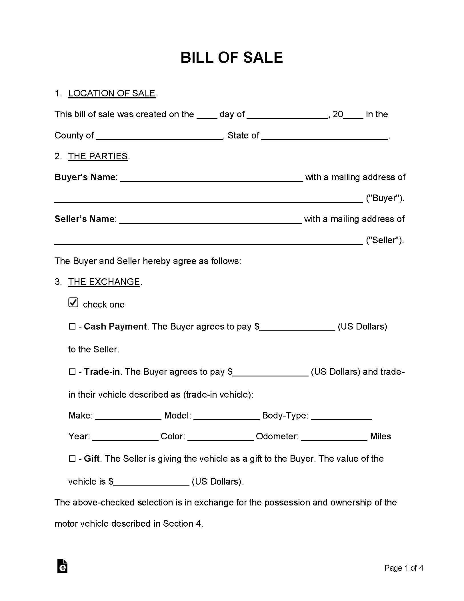 Free Bill Of Sale Forms (24) - Pdf | Word – Eforms throughout Bill of Sale Car Printable