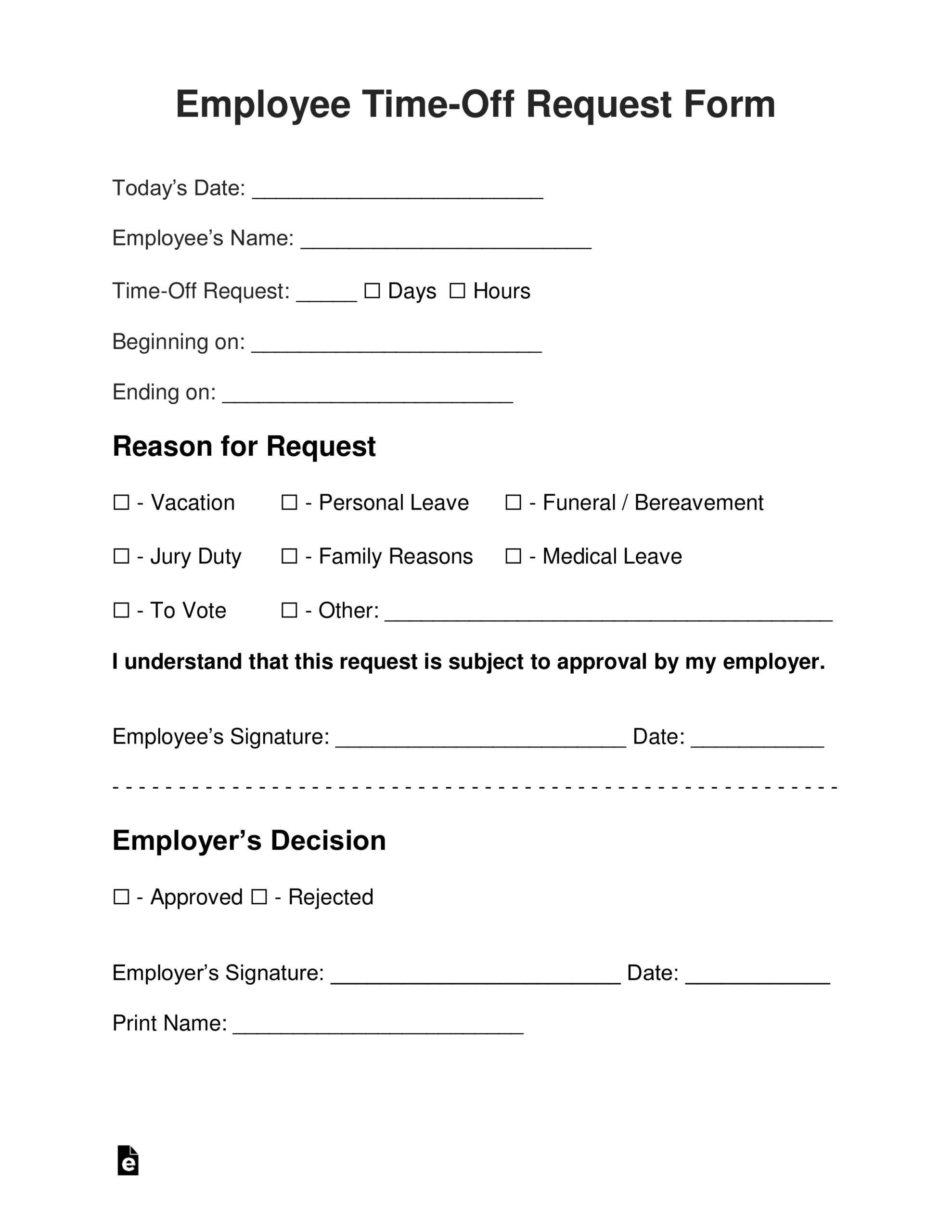 Free Employee Time Off (Vacation) Request Form - Pdf | Word – Eforms with regard to Printable Time Off Request Form