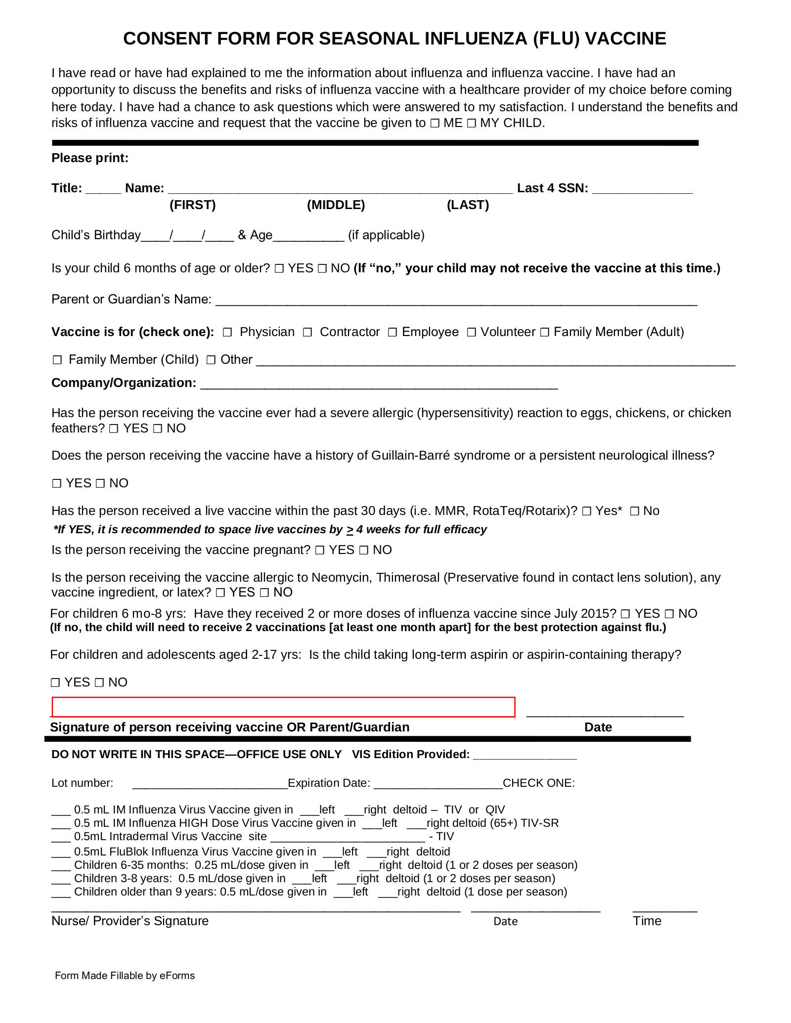 Free Flu Shot (Influenza) Vaccine Consent Form - Pdf | Word – Eforms regarding Free Printable Flu Vaccine Consent Form