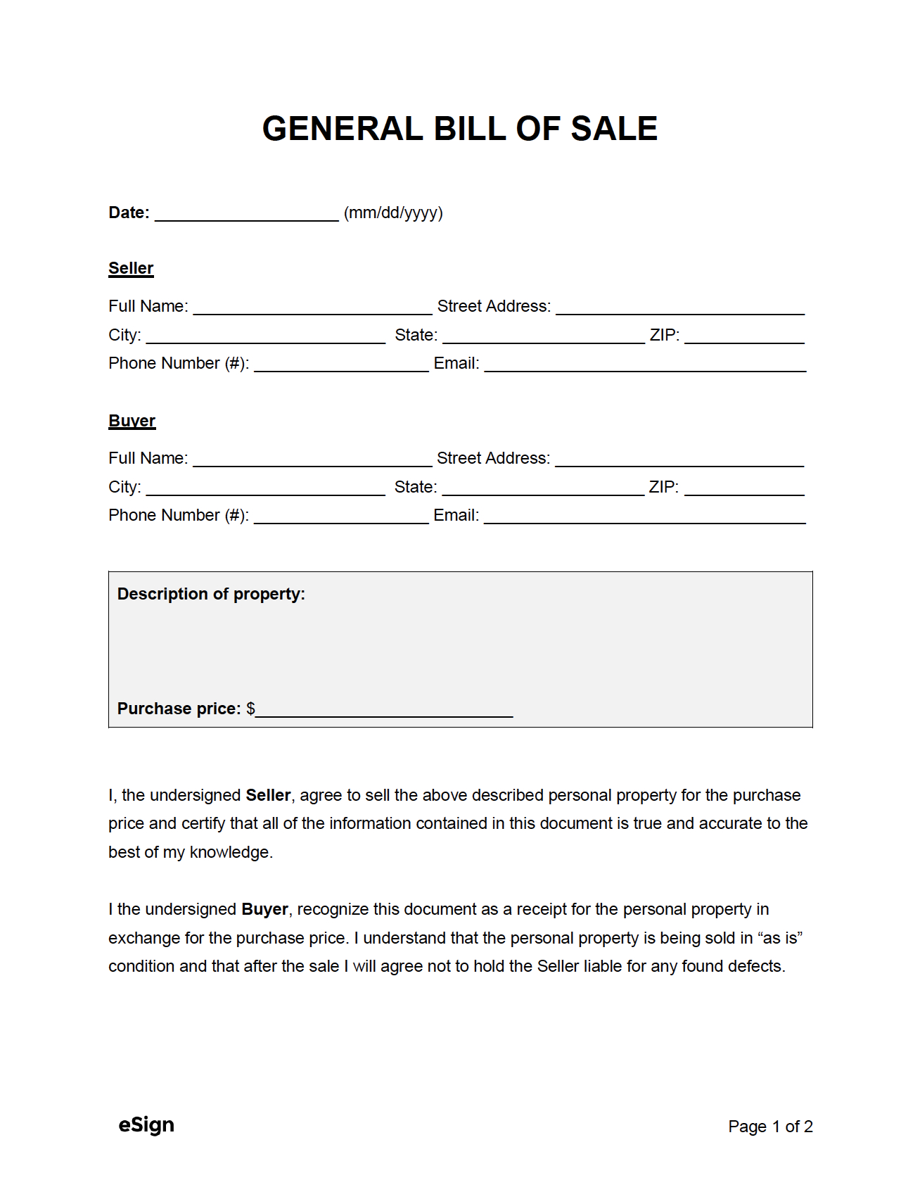 Free General Bill Of Sale Form | Pdf | Word in Bill Sale Form Free Printable