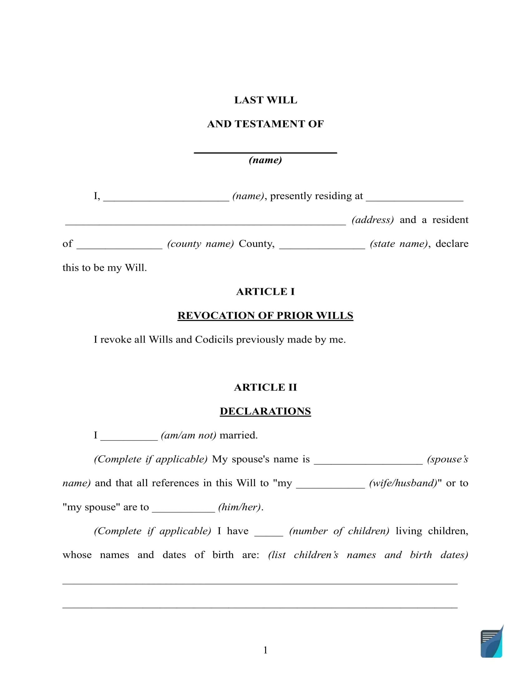 Free Last Will And Testament Template ⇒ Will Forms In Pdf And Doc throughout Blank Will Forms Free Printable