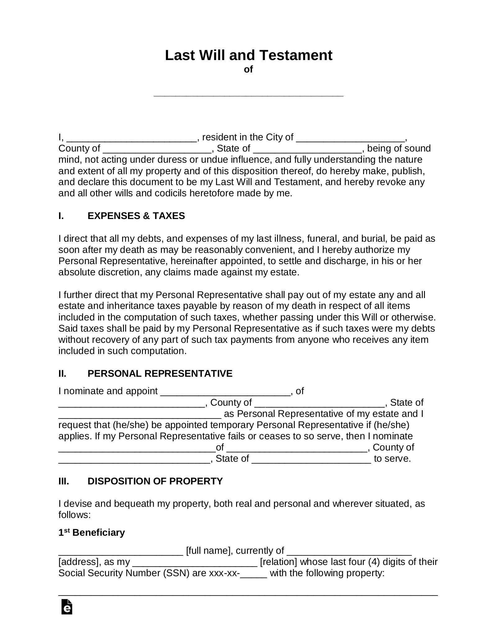 Free Last Will And Testament (Will) - Pdf | Word – Eforms regarding Blank Will Forms Free Printable