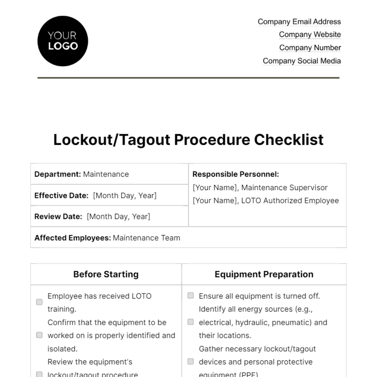 Free Lockout/Tagout Procedure Checklist Hr Template To Edit Online pertaining to Printable Lockout Tagout Template Excel