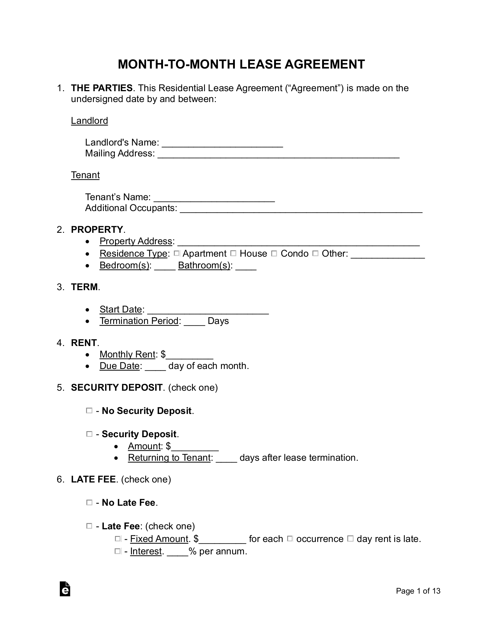 Free Month-To-Month Lease Agreement Template - Pdf | Word – Eforms regarding Free Printable Residential Rental Agreement