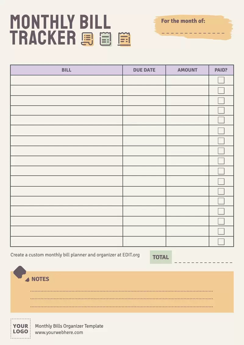 Free Monthly Bills Organizer Templates in Free Monthly Bill Tracker Printable