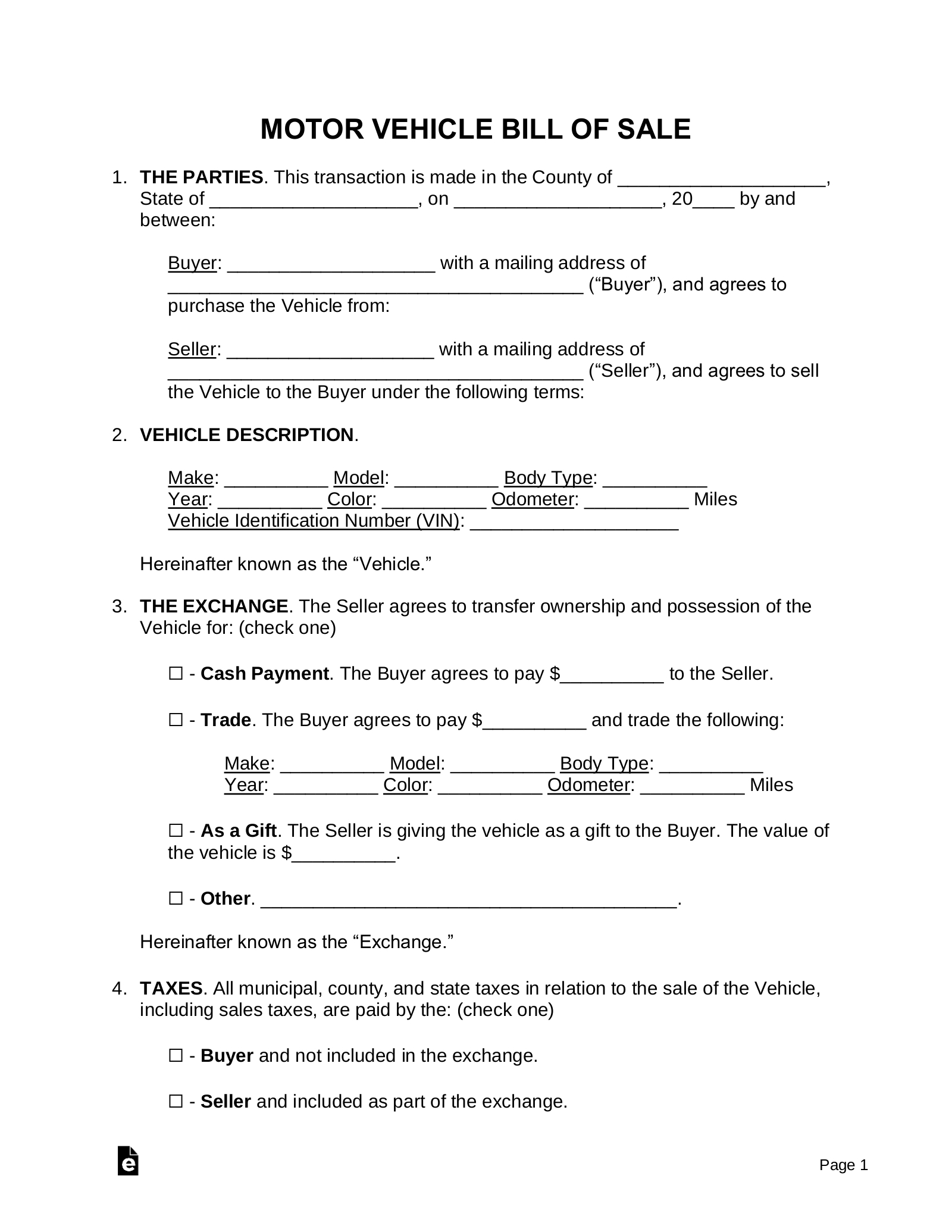Free Motor Vehicle (Dmv) Bill Of Sale Form - Pdf | Word – Eforms intended for Printable Blank Bill of Sale For Car
