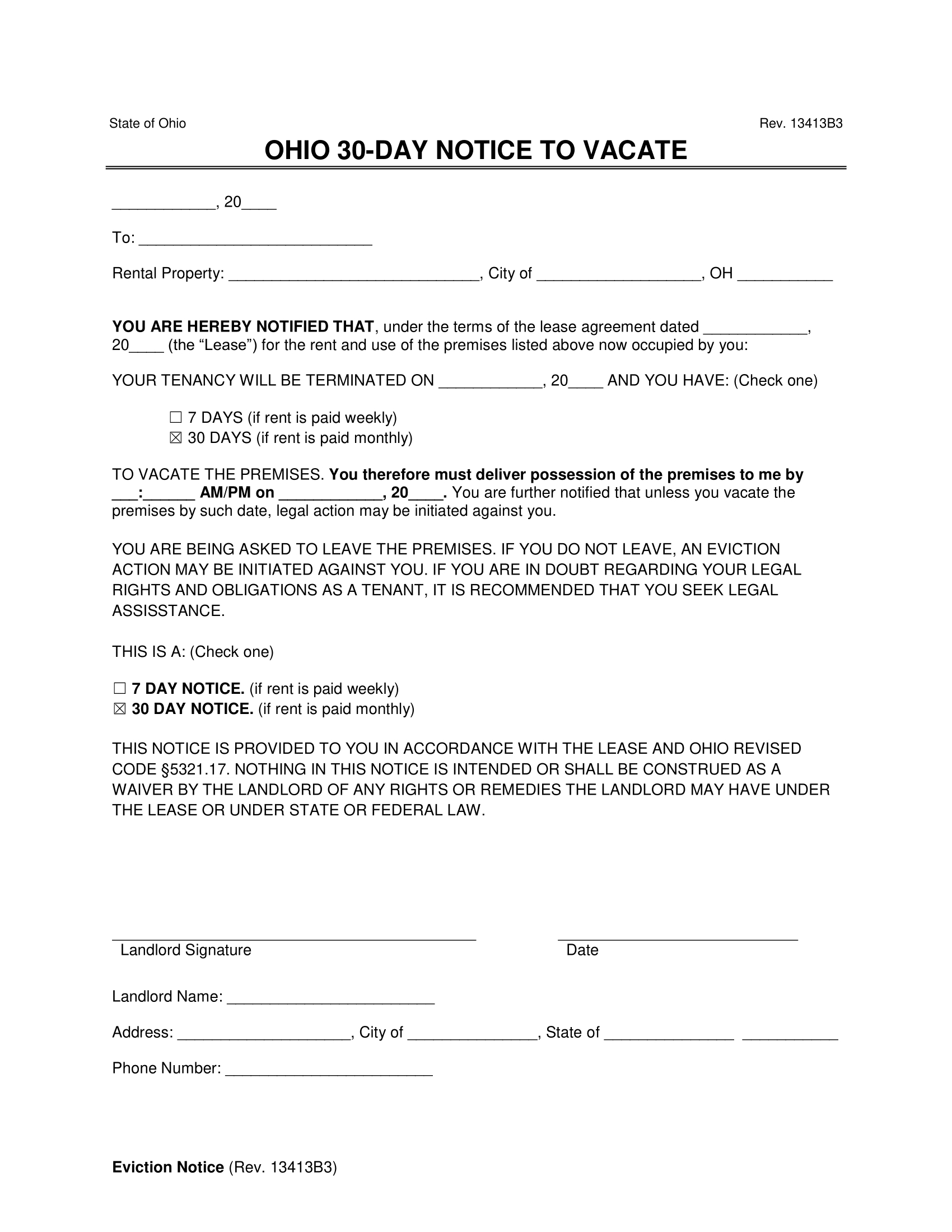 Free Ohio Lease Termination Letter Form | 30-Day Notice intended for Printable 30 Day Notice to Landlord Template