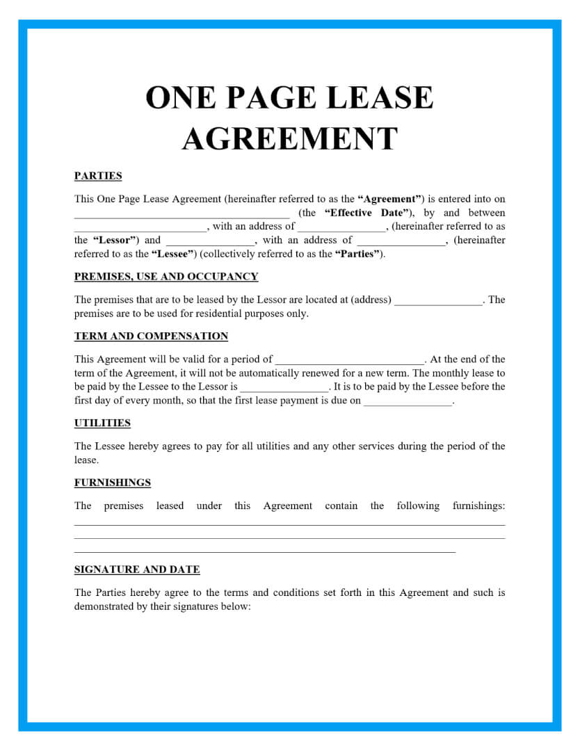 Free One Page Lease Agreement Templates with Rental Agreement Forms Free Printable