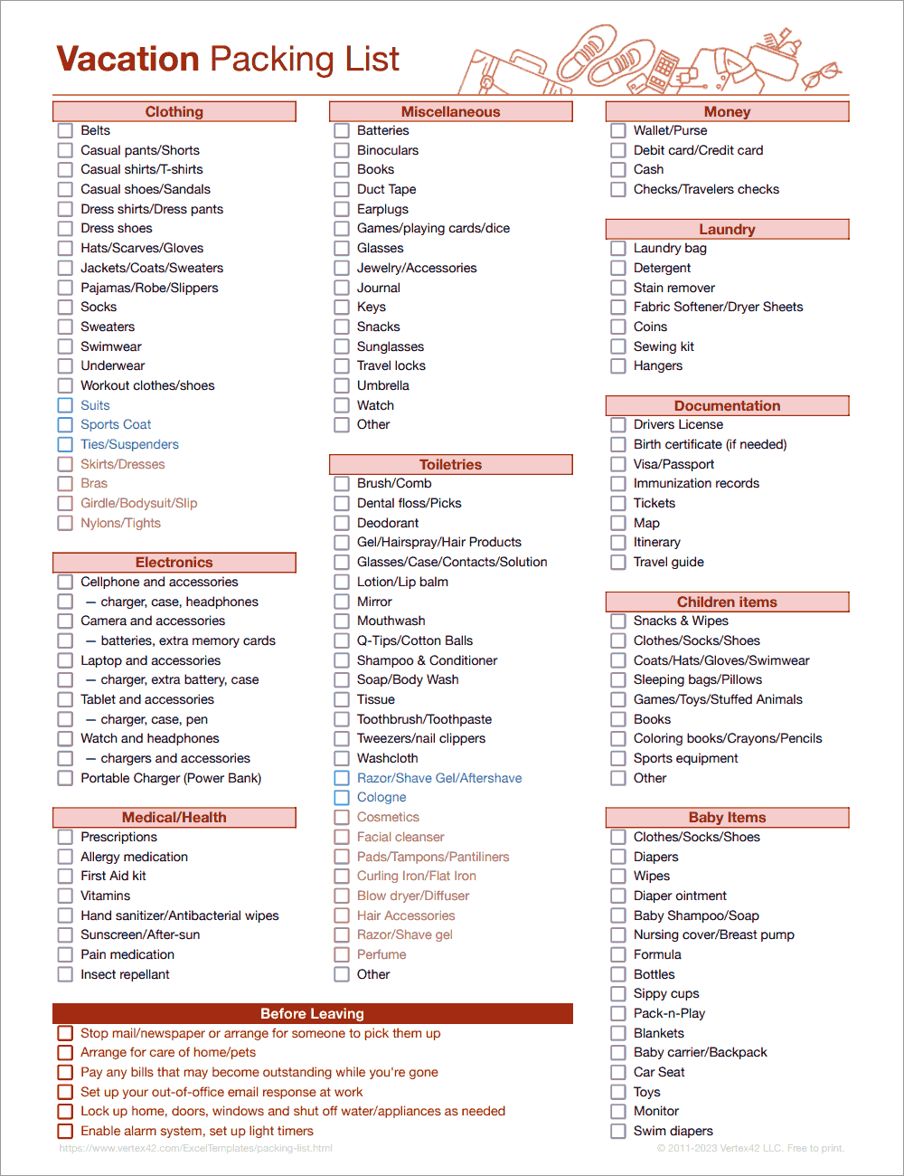 Free Packing List Template For Vacation, Travel Or College intended for Free Printable Travel Packing Checklist