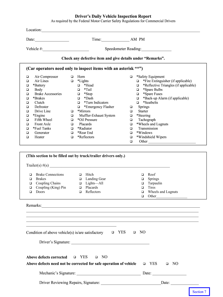Free Printable Dot Pre Trip Inspection Form Pdf: Fill Out & Sign within Free Printable Driver Vehicle Inspection Report Form