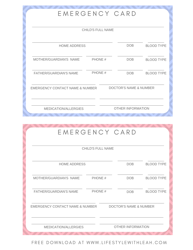Free Printable Emergency Cards For Your Kids - Lifestyle With Leah within Free Printable Emergency Contact Card