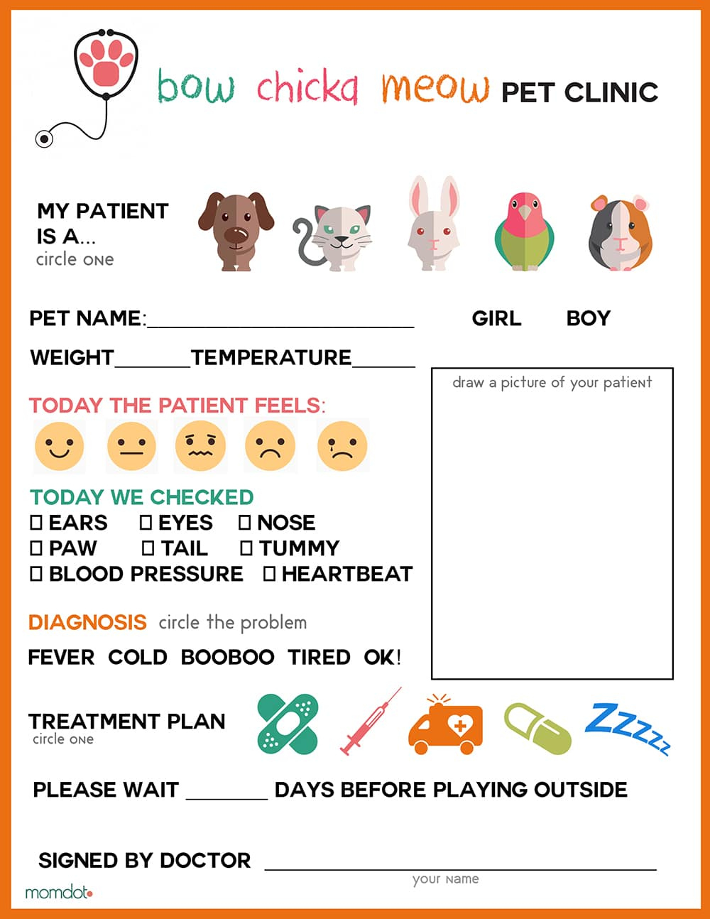 Free Printable: Vet Office Pretend Play Sheet for Vet Clinic Dramatic Play Free Printables