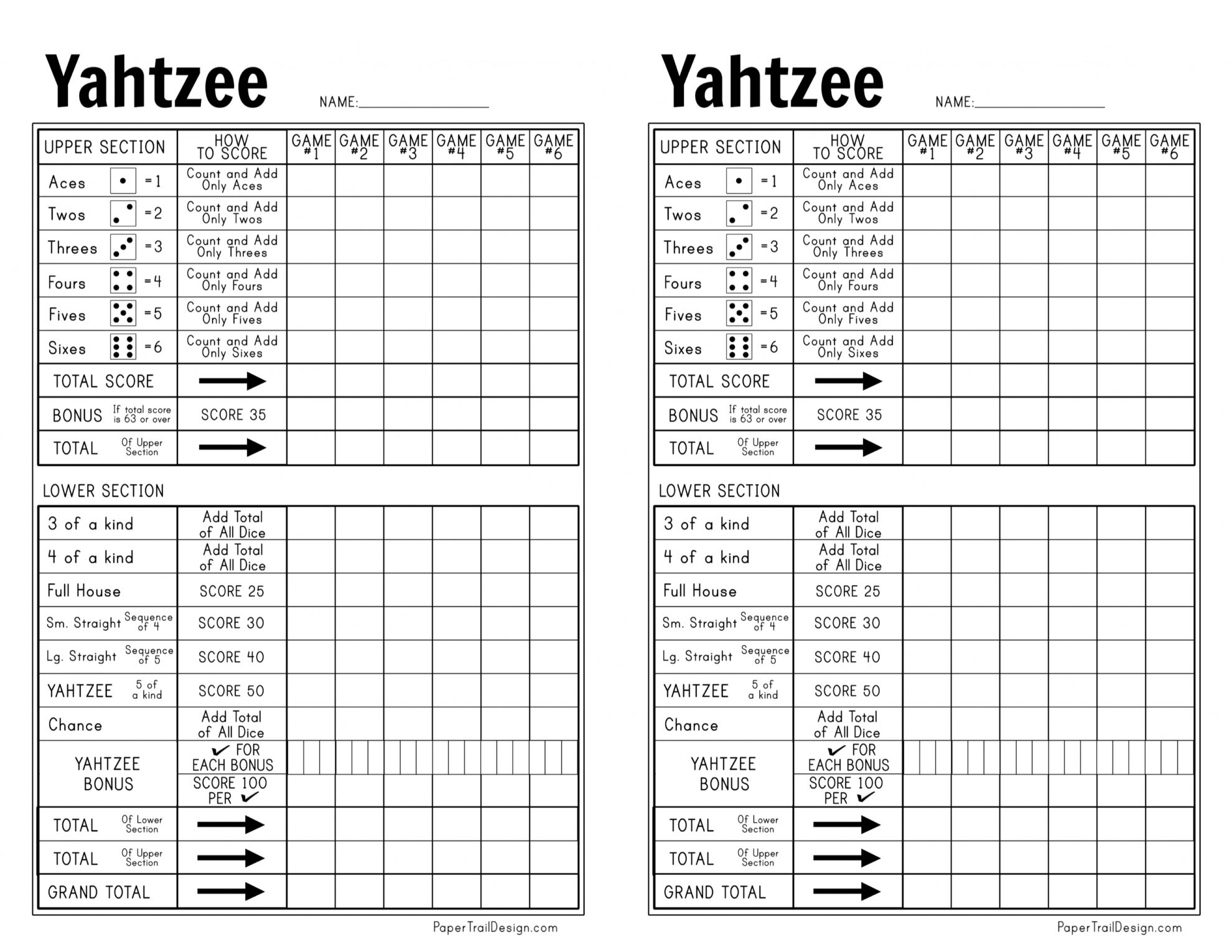 Free Printable Yahtzee Score Card - Paper Trail Design inside Yahtzee Score Sheet Printable