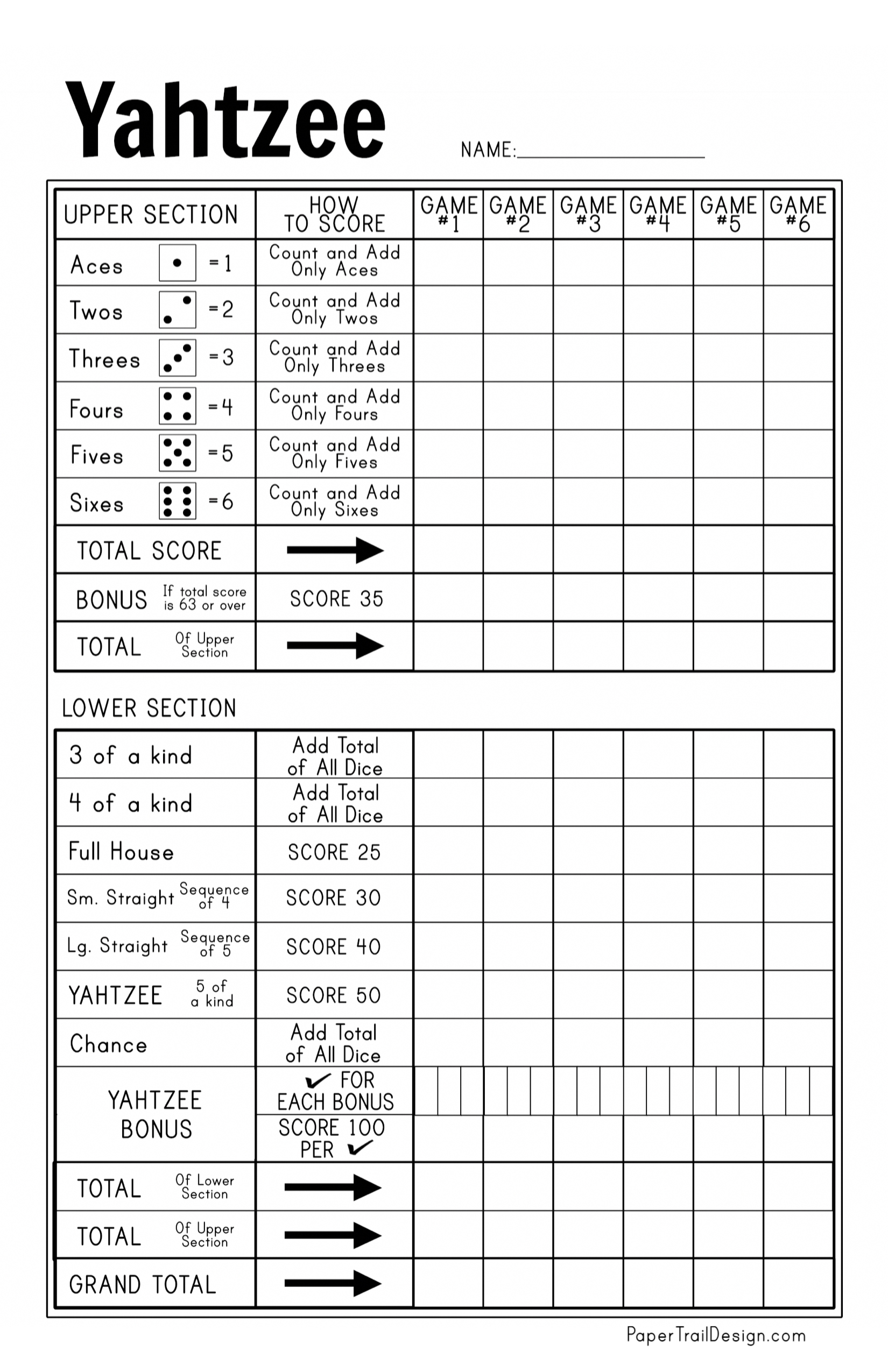 Free Printable Yahtzee Score Card - Paper Trail Design intended for Yahtzee Score Sheet Printable
