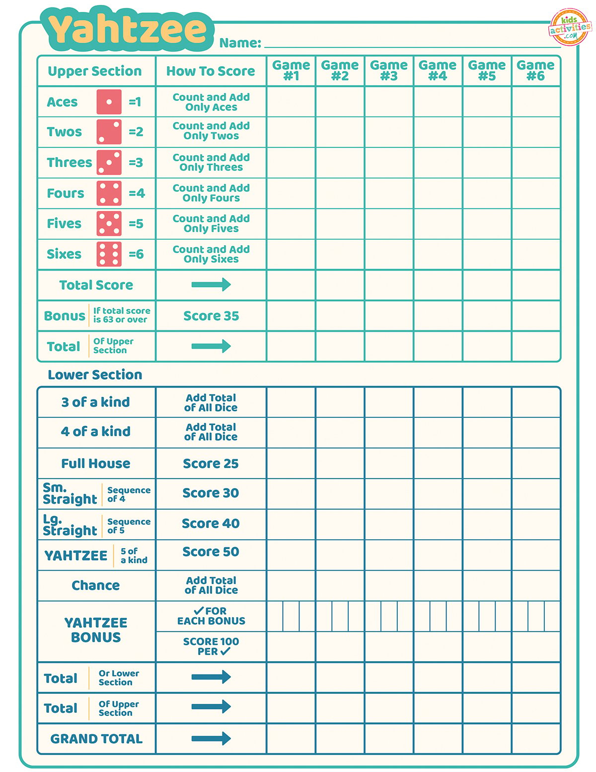Free Printable Yahtzee Score Cards | Kids Activities Blog within Yahtzee Score Sheet Printable